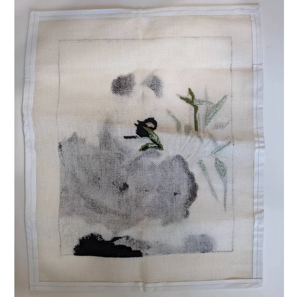 Vintage Hand Painted Needlepoint Canvas‎ Panda with Bamboo PARTIALLY COMPLETED